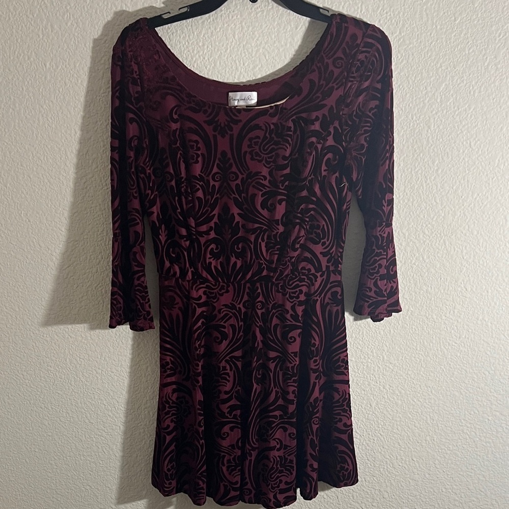 Honey & Rose velvet dress black damask pattern long sleeve fairycore Sz M